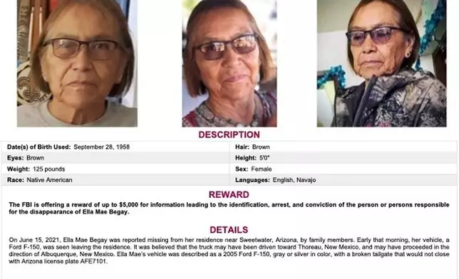 In this undated image released by the Federal Bureau of Investigations shows missing Ella Mae Begay. (FBI via AP)