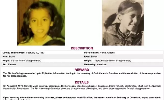 In this undated image released by the Federal Bureau of Investigations shows missing Carlotta Maria Sanchez. (FBI via AP)