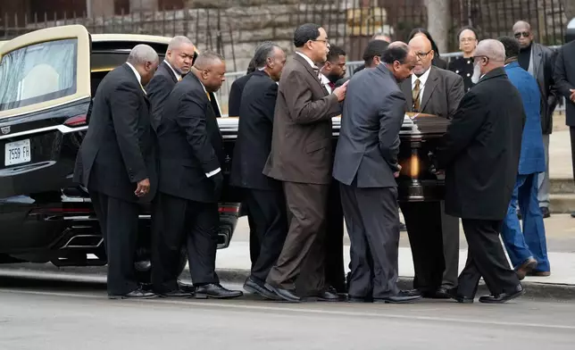 The casket for Reverend Jesse Jackson arrives for public visitation at Rainbow/PUSH Coalition in Chicago, Friday, Feb. 27, 2026. (AP Photo/Nam Y. Huh)