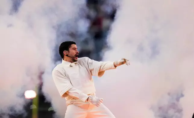 Bad Bunny performs during halftime of the NFL Super Bowl 60 football game between the New England Patriots and the Seattle Seahawks, Sunday, Feb. 8, 2026, in Santa Clara, Calif. (AP Photo/Lynne Sladky)