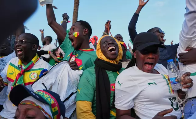 FILE - Fans celebrate Senegal's goal against Egypt as they watch a live broadcast of the Africa Cup of Nations semifinal soccer match, in Dakar, Jan. 14, 2026. (AP Photo/Misper Apawu, File)
