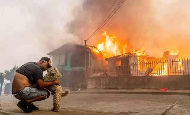 FILE - Manuel Lagos pets his dog as the family home is engulfed by an encroaching wildfire in Lirquen, Chile, Jan. 18, 2026. (AP Photo/Javier Torres, File)