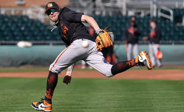San Francisco Giants' Christian Koss works out during spring training baseball Thursday, Feb. 19, 2026, in Scottsdale, Ariz. (AP Photo/Ross D. Franklin)