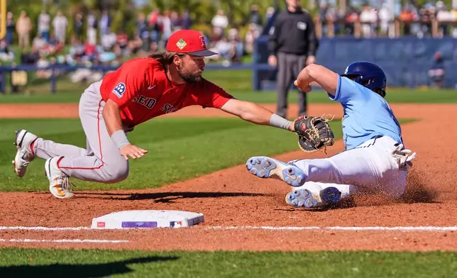 Tampa Bay Rays Carson Williams is tagged out at first base by Boston Red Sox first baseman Nathan Hickey on a double play to end the sixth inning of a spring training baseball game in Port Charlotte, Fla., Monday, Feb. 23, 2026. (AP Photo/Gerald Herbert)