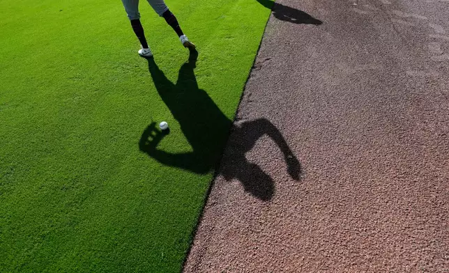 Minnesota Twins outfielder Kyler Fedko warms up during a spring training baseball workout in Fort Myers, Fla., Monday, Feb. 16, 2026. (AP Photo/Gerald Herbert)
