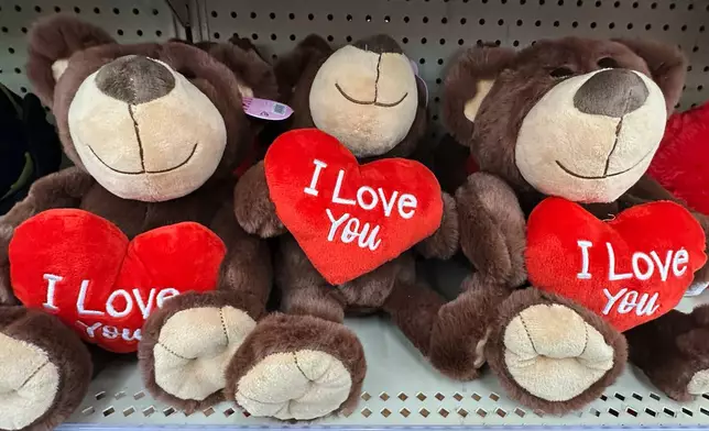 Valentine's day Plush bears are displayed at a retail store in Lincolnshire, Ill., Wednesday, Jan. 28, 2026. (AP Photo/Nam Y. Huh)