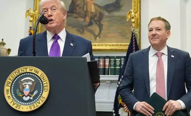 President Donald Trump speaks during an event with Environmental Protection Agency director Lee Zeldin announcing that the EPA will no longer regulate greenhouse gases, in the Roosevelt Room of the White House, Thursday, Feb. 12, 2026, in Washington. (AP Photo/Evan Vucci)