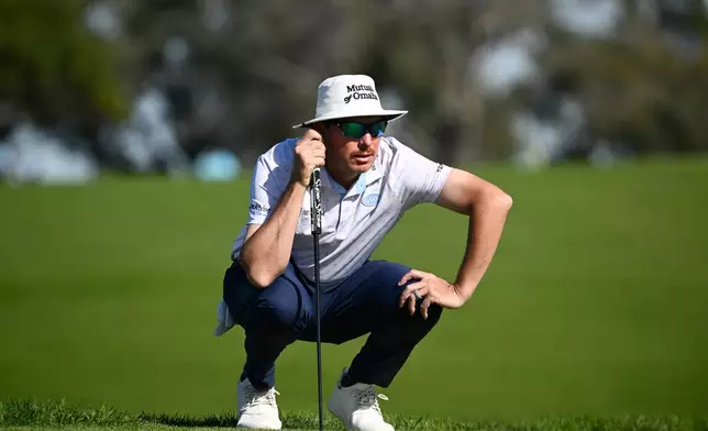 Joel Dahmen lines up his putt on the second green of the South Course at Torrey Pines during the third round of the Farmers Insurance Open golf tournament Saturday, Jan. 31, 2026, in San Diego. (AP Photo/Denis Poroy)