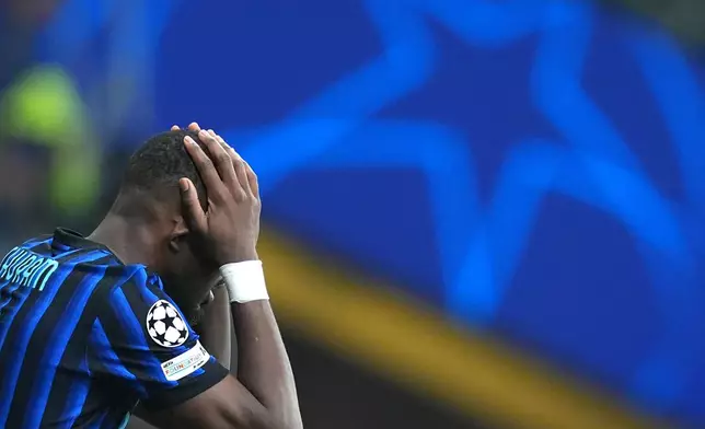Inter Milan's Marcus Thuram reacts during the Champions League soccer match between Inter Milan and Bodø/Glimt, Tuesday, Feb. 24 , 2026 ,in Milan, Italy (Spada/LaPresse via AP)