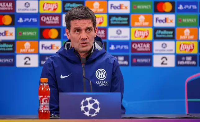 Inter Milan head coach Cristian Chivu addresses the media following a Champions League soccer match against Bodø/Glimt, Wednesday, Feb 18, 2026, in Bodo, Norway. (Thomas Andersen/NTB Scanpix via AP)