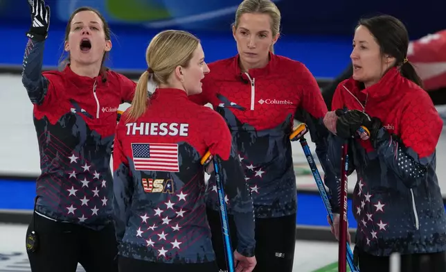 United States' Cory Thiesse, Taylor Anderson-Heide, Tabitha Peterson, and Tara Peterson in action during the women's curling round robin session against Canada, at the 2026 Winter Olympics, in Cortina d'Ampezzo, Italy, Friday, Feb. 13, 2026. (AP Photo/Misper Apawu)