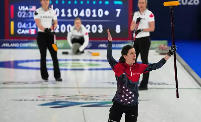 United States' Tara Peterson reacts during the women's curling round robin session against Canada, at the 2026 Winter Olympics, in Cortina d'Ampezzo, Italy, Friday, Feb. 13, 2026. (AP Photo/Misper Apawu)