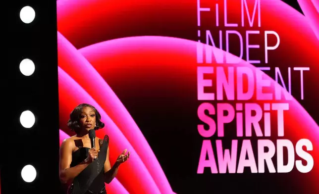 Host Ego Nwodim speaks during the Film Independent Spirit Awards on Sunday, Feb. 15, 2026, at the Hollywood Palladium in Los Angeles. (AP Photo/Chris Pizzello)