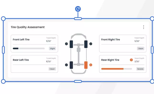 A tire quality assessment generated by ACV’s VIPER, using AI-powered imaging to evaluate tread condition as part of a standardized vehicle inspection.