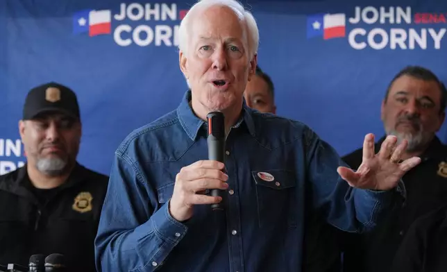 Sen. John Cornyn, R-Texas, speaks during a campaign stop in Austin, Texas, Tuesday, Feb. 17, 2026. (AP Photo/Eric Gay)