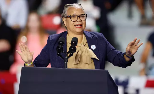 FILE - Charlotte, N.C., Mayor Vi Lyles speaks during a campaign event for Democratic presidential nominee Vice President Kamala Harris in Charlotte, Sept. 12, 2024. (AP Photo/Nell Redmond, File)