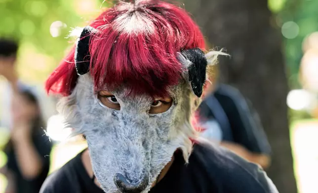 A youth wears a dog mask during a gathering of therians, people who say they identify as non-human animals, in Buenos Aires, Argentina, Sunday, Feb. 22, 2026. (AP Photo/Rodrigo Abd)