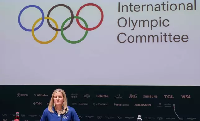 Olympic Committee President Kirsty Coventry meets the media in Milan, Italy, Sunday, Feb. 1, 2026. (Claudio Furlan/LaPresse via AP)