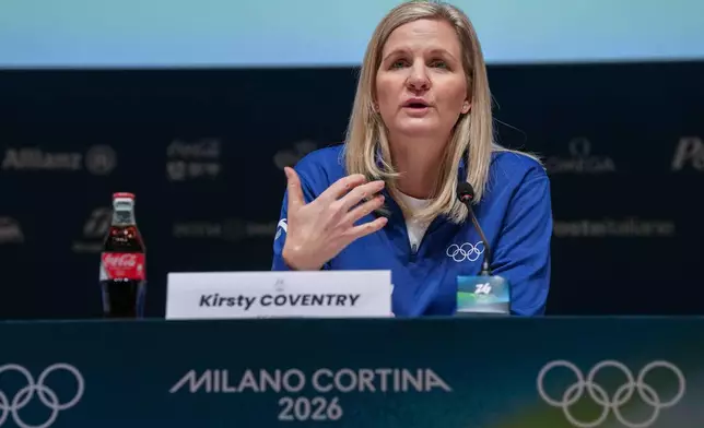 Olympic Committee President Kirsty Coventry meets the media in Milan, Italy, Sunday, Feb. 1, 2026. (Claudio Furlan/LaPresse via AP)