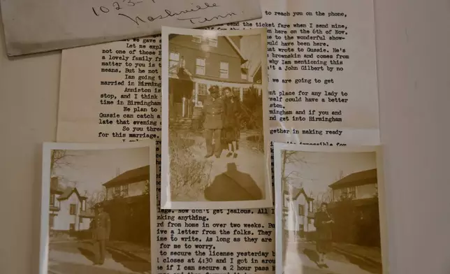 Pictures of William Raymond Whittaker and his wife, Jane Dean Whittaker, are on top of letters the two of them wrote to each other while he was serving in the military, photographed Monday, Feb. 9, 2026, in Nashville, Tenn. (AP Photo/Kristin M. Hall)