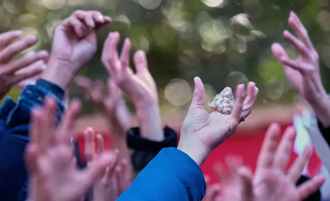 People try to catch lucky beans during the annual Bean Throwing Festival, a ceremony marked in the hope of warding off evil spirits and inviting good luck, at Hakone Shrine in Hakone, Japan, Tuesday, Feb. 3, 2026. (AP Photo/Eugene Hoshiko)