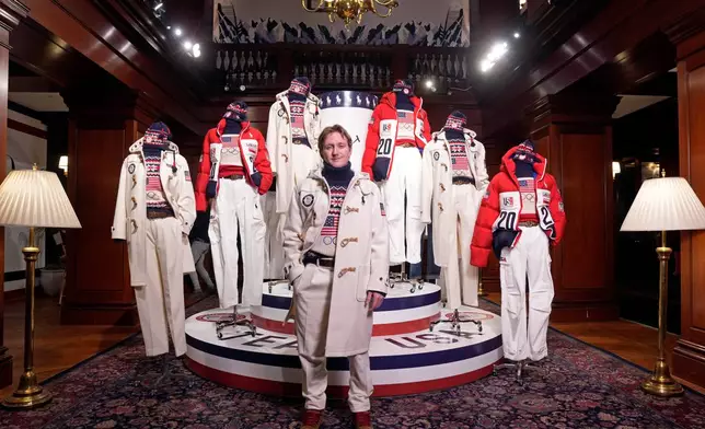 FILE - Olympic snowboarder Red Gerard unveils Ralph Lauren's Team USA opening ceremony uniform for the 2026 Milan Cortina Winter Olympics at Ralph Lauren headquarters, Dec. 3, 2025, in New York. (Photo by Charles Sykes/Invision/AP, File)