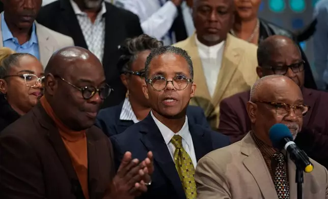 Former Illinois Rep. Jesse Jackson Jr. speaks during an event where he was endorsed by the Southland Minister Alliance as a candidate for his old congressional seat after more than a decade out of office, Oct. 15, 2025, at Victory Christian International Ministries in Park Forest, Ill. (AP Photo/Erin Hooley)