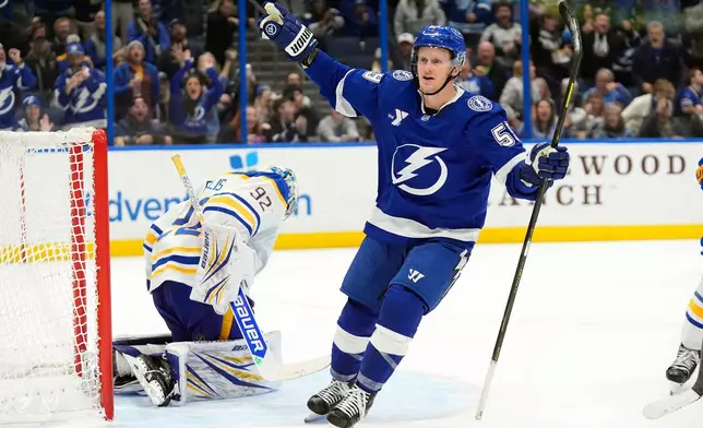 Tampa Bay Lightning center Jake Guentzel (59) celebrates after sccoring the game-winning goal against Buffalo Sabres goaltender Colten Ellis (92) during and overtime period of an NHL hockey game Tuesday, Feb. 3, 2026, in Tampa, Fla. (AP Photo/Chris O'Meara)