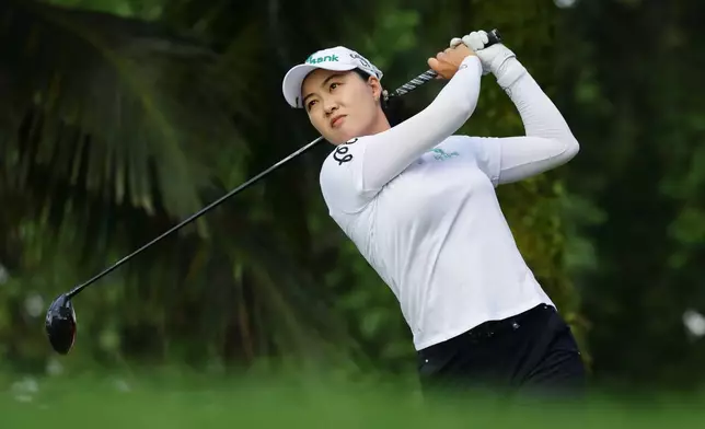 Minjee Lee of Australia tees off during the HSBC Women's World Championship at Sentosa Golf Club in Singapore, Thursday, Feb. 26, 2026. (AP Photo/Suhaimi Abdullah)