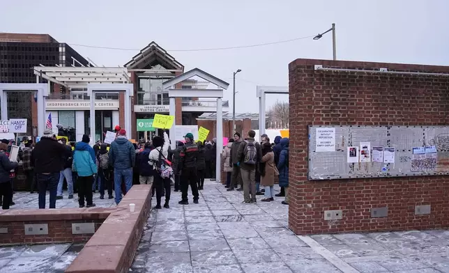 FILE - Demonstrators gather to protest removal of explanatory panels that were part of an exhibit on slavery at the President's House Site in Philadelphia, Feb. 10, 2026. (AP Photo/Matt Rourke, file)