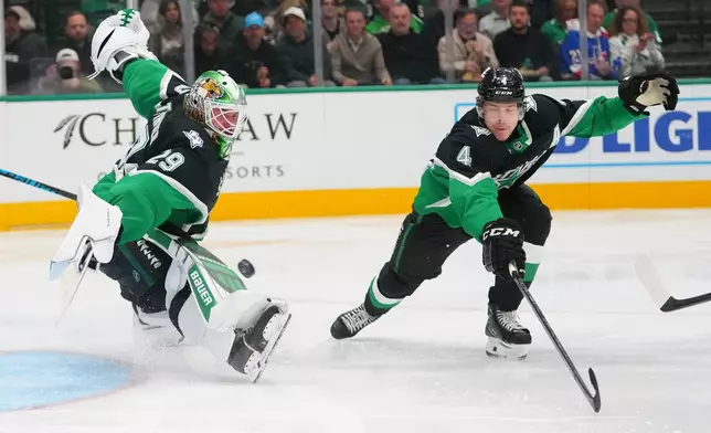 Dallas Stars goaltender Jake Oettinger (29) and defenseman Miro Heiskanen (4) attempt to stop a scoring shot by Winnipeg Jets center Gabriel Vilardi, not visible during the second period of an NHL hockey game Monday, Feb. 2, 2026, in Dallas. (AP Photo/Julio Cortez)