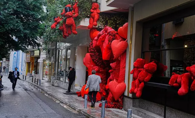Decorations adorn the hotel in Athens, Monday, Feb. 16, 2026, where Israeli television producer Dana Eden was found dead on Sunday while in the country filming the fourth season of the series "Tehran." (AP Photo/Petros Giannakouris)