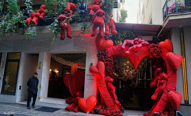 Decorations adorn the hotel in Athens, Monday, Feb. 16, 2026, where Israeli television producer Dana Eden was found dead on Sunday while in the country filming the fourth season of the series "Tehran." (AP Photo/Petros Giannakouris)
