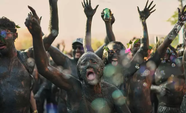 Revelers cheer during the Mud Block carnival party in Paraty, Brazil, Saturday, Feb. 14, 2026. (AP Photo/Andre Penner)