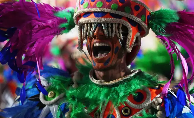 A performer from the Mangueira samba school parades during Carnival celebrations at the Sambadrome in Rio de Janeiro, Monday, Feb. 16, 2026. (AP Photo/Silvia Izquierdo)