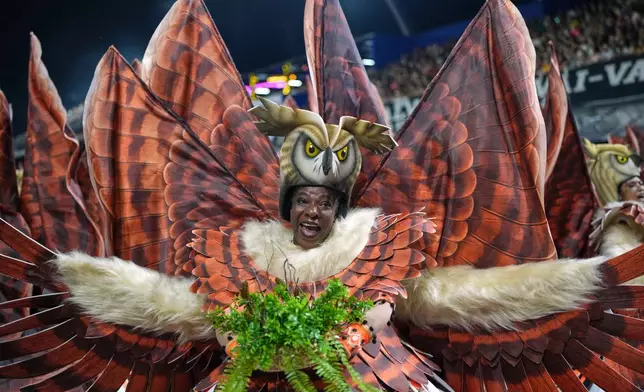 A dancer from the Colorado do Bras samba school performs during a carnival parade in Sao Paulo, Saturday, Feb. 14, 2026. (AP Photo/Andre Penner)