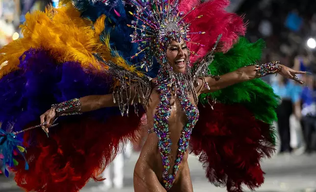 Drum queen Sabrina Sato from Vila Isabel samba school performs during Carnival celebrations at the Sambadrome in Rio de Janeiro, early Wednesday, Feb. 18, 2026. (AP Photo/Bruna Prado)