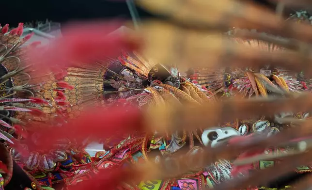 A dancer from the Mocidade Unida da Mooca samba school performs during a carnival parade in Sao Paulo, Friday, Feb. 13, 2026. (AP Photo/Andre Penner)