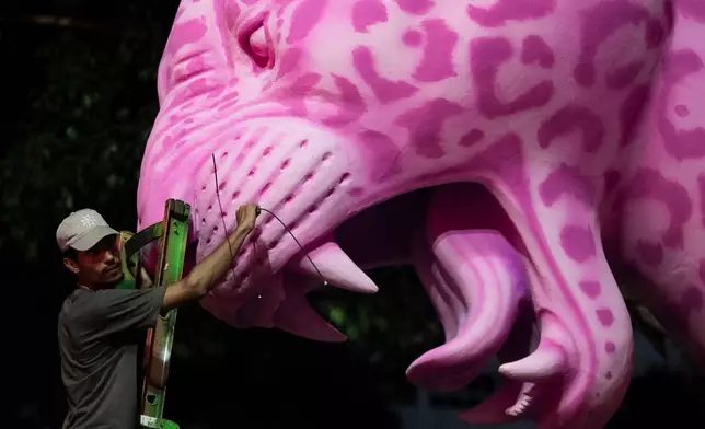 A worker prepares a float for a samba school parade during Carnival celebrations at the Sambadrome in Rio de Janeiro, Monday, Feb. 16, 2026. (AP Photo/Bruna Prado)