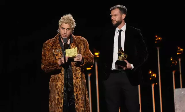 Andrew Watt, left, and Circut accept the award for best dance pop recording for "Abracadabra" by Lady Gaga during the 68th annual Grammy Awards on Sunday, Feb. 1, 2026, in Los Angeles. (AP Photo/Chris Pizzello)