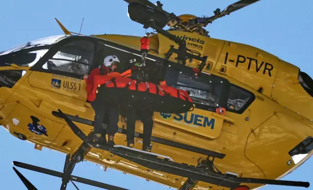 United States' Lindsey Vonn is helicoptered off after crashing, during an alpine ski women's downhill race, at the 2026 Winter Olympics, in Cortina d'Ampezzo, Italy, Sunday, Feb. 8, 2026. (AP Photo/Marco Trovati)