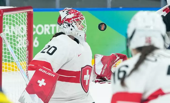 Switzerland's Andrea Braendli (20) eyes the puck during a women's ice hockey bronze medal game between Switzerland and Sweden at the 2026 Winter Olympics, in Milan, Italy, Thursday, Feb. 19, 2026. (AP Photo/Petr David Josek)