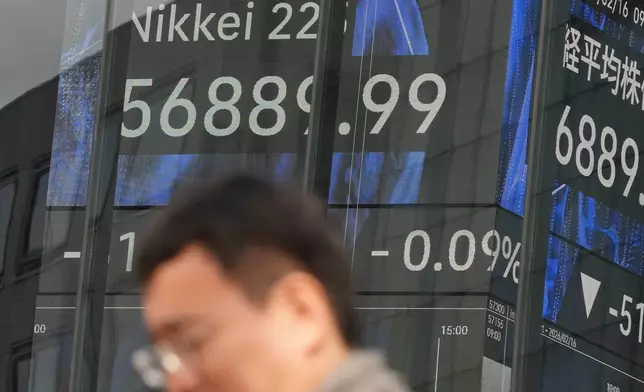 A person stands in front of an electronic stock board showing Japan's Nikkei index at a securities firm Monday, Feb. 16, 2026, in Tokyo. (AP Photo/Eugene Hoshiko)