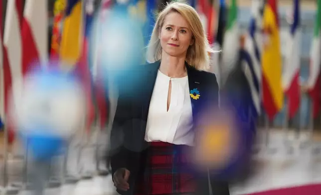 European Union foreign policy chief Kaja Kallas arrives for a meeting of EU foreign ministers at the European Council building in Brussels, Monday, Feb. 23, 2026. (AP Photo/Virginia Mayo)