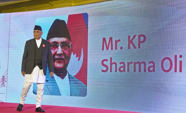 Khadga Prassad Oli, President of Communist Party of Nepal (Unified Marxist–Leninist) arrives to release election manifesto ahead of general election in Kathmandu, Nepal, Feb.19, 2026. (AP Photo/Niranjan Shrestha)