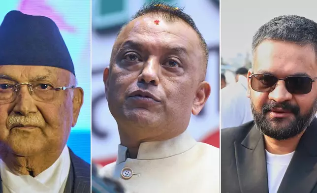 This combo of three photos show from left, Khadga Prassad Oli, president of Communist Party of Nepal (Unified Marxist–Leninist), Gagan Thapa, president of Nepali congress both taken in Katmandu, Feb.19, 2026 and former Kathmandu mayor Balendra Shah, of the Rastriya Swatantra Party, photo taken in Jhapa, Feb. 23, 2026, in Nepal. (AP Photos/Niranjan Shrestha/ Umesh Karki)