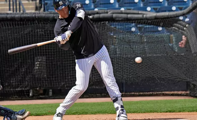 New York Yankees' Aaron Judge hits live pitching during a spring training baseball workout on Thursday, Feb. 12, 2026, in Tampa, Fla. (AP Photo/Chris O'Meara)