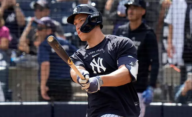 New York Yankees' Aaron Judge takes live batting practice during a spring training baseball workout Monday, Feb. 16, 2026, in Tampa, Fla. (AP Photo/Chris O'Meara)