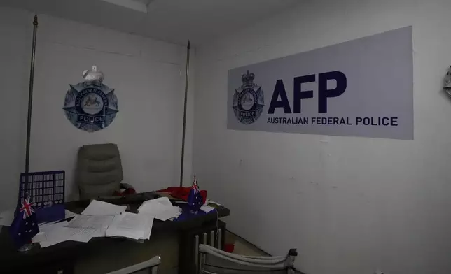A mock-up set resembling an Australian police station is seen at a scam compound in O'Smach, Cambodia, Monday, Feb. 2, 2026. (AP Photo/Sakchai Lalit)