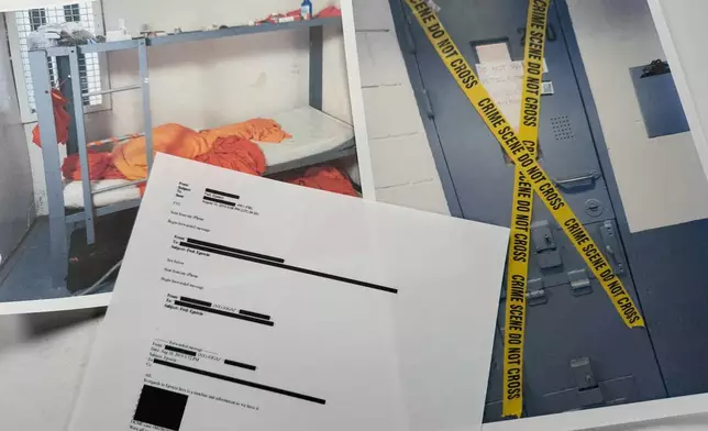 An email that was included in the U.S. Department of Justice release of the Jeffrey Epstein files is photographed Friday, Jan. 30, 2026, and shows the cell where Epstein was found unresponsive. (AP Photo/Jon Elswick)